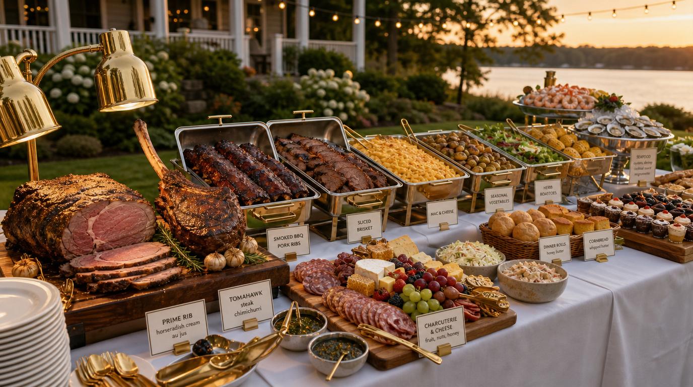 Full banquet buffet spread with carved prime rib, tomahawk steak, smoked BBQ ribs, mac and cheese, seafood on ice, charcuterie, and dessert stations at a lakeside reception