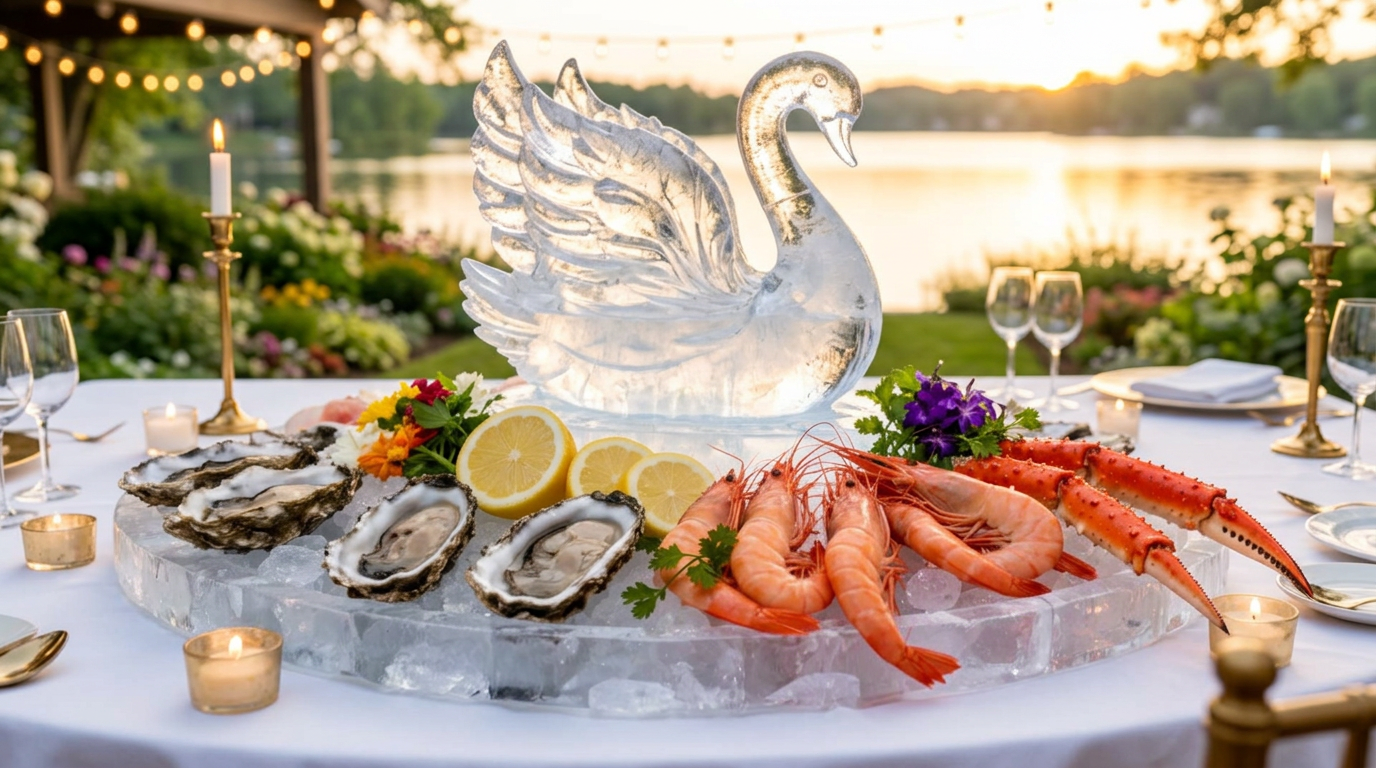 Chilled seafood ice bar centered on a carved ice swan sculpture, surrounded by fresh oysters, shrimp, and citrus