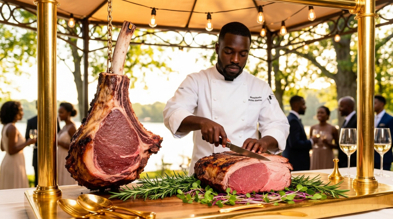 Chef in whites carving a roast of prime rib to order beside a hanging tomahawk steak at a live carving station