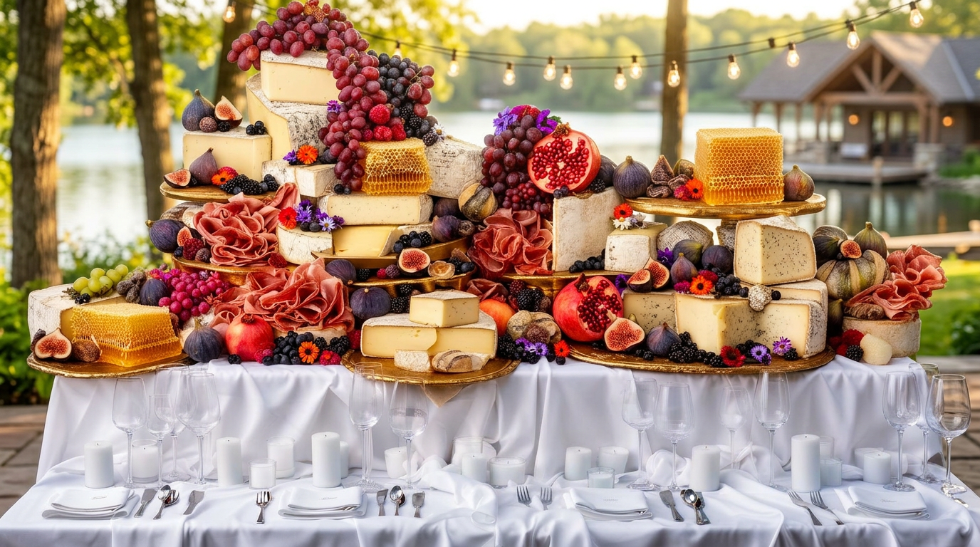 Grand charcuterie and cheese grazing wall layered with cured meats, wedges of cheese, fresh fruit, and dripping honeycomb