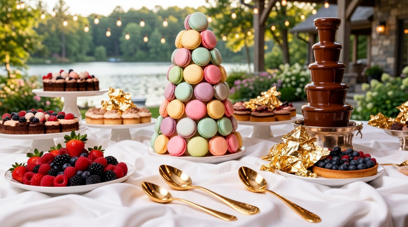 Pastel macaron tower flanked by a flowing chocolate fountain and a spread of berry and cream desserts