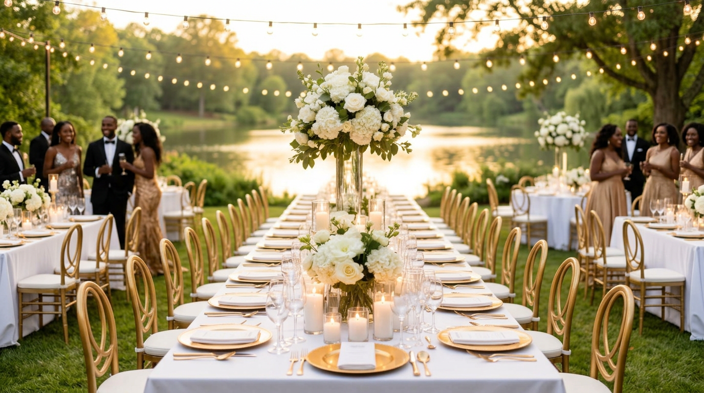 Candlelit banquet hall set for 300 guests, with long banquet tables, tall floral centerpieces, and gold place settings under warm chandelier light