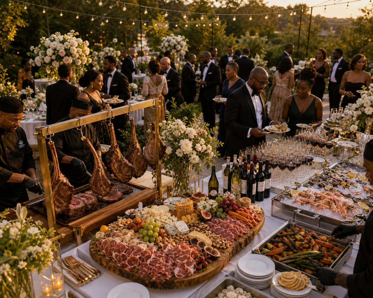 Elevated golden-hour view of an outdoor wedding banquet with hanging tomahawk steaks, carved prime rib, a sprawling charcuterie board, a wine station, and seafood on ice as guests mingle