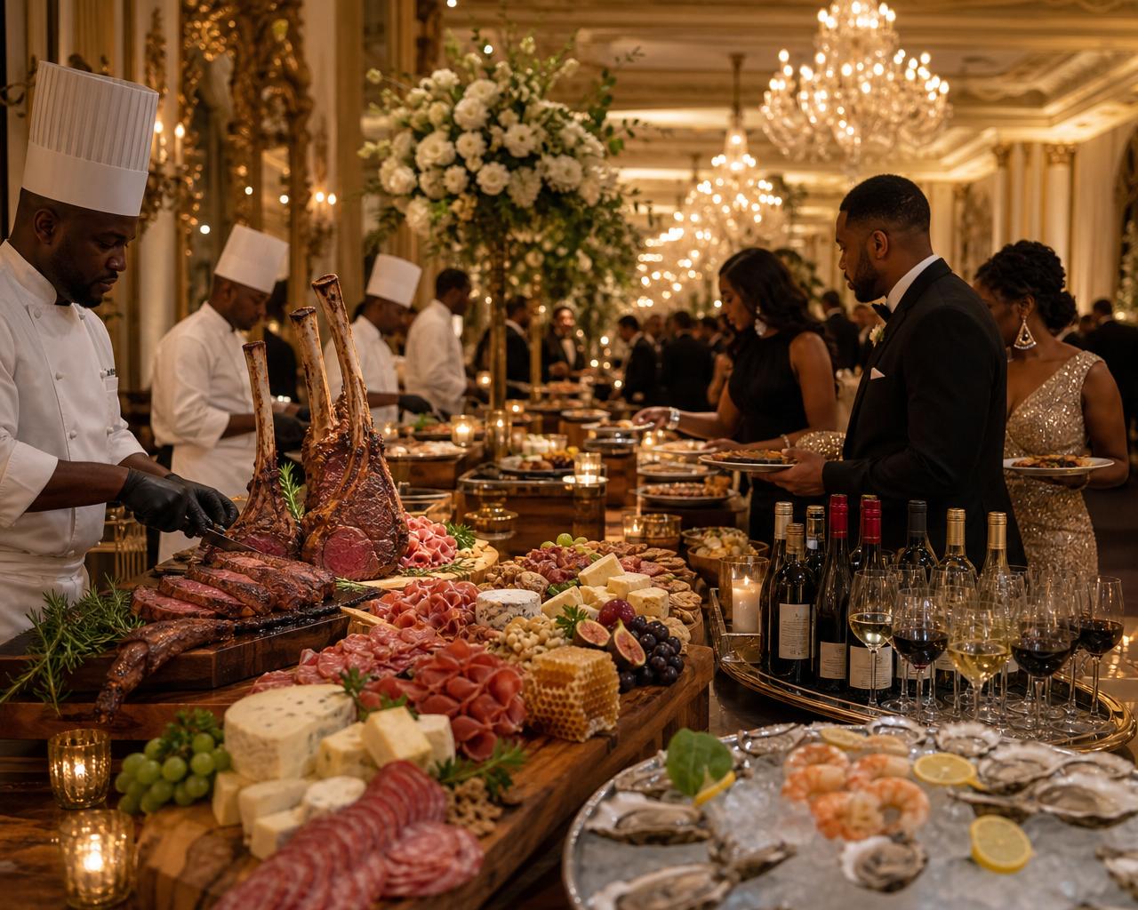 Candlelit ballroom banquet with chefs carving tomahawk steaks beside a grazing charcuterie table, a wine bar, and raw seafood on ice under crystal chandeliers