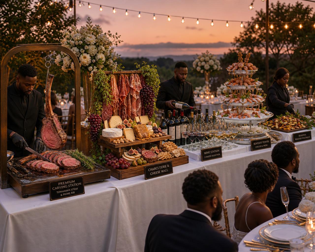 Terrace banquet at dusk with a premium carving station, a charcuterie and cheese wall, a curated wine station, and a seafood tower overlooking a sunset horizon