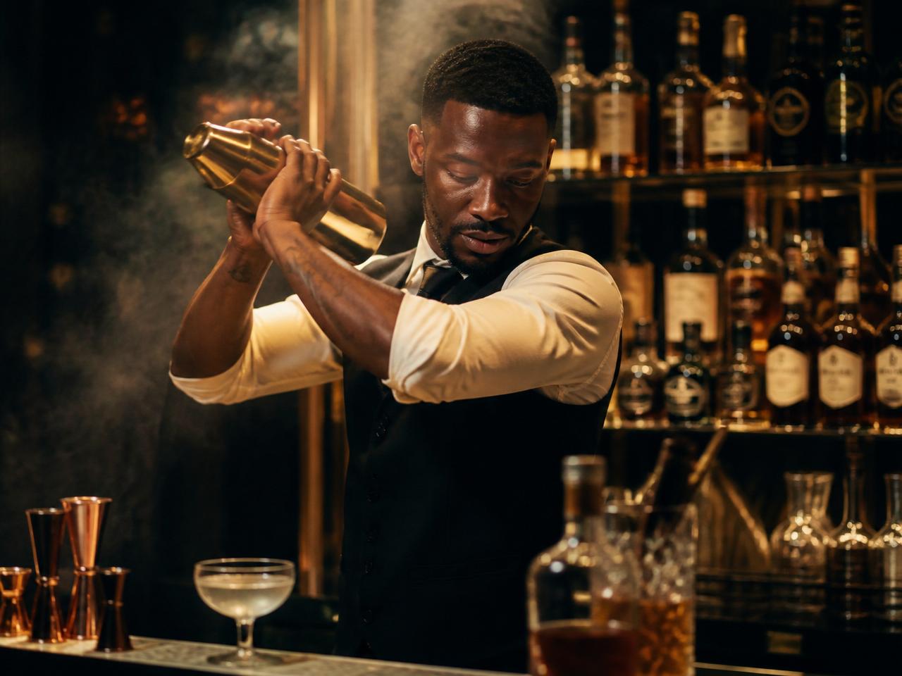 Professional bartender in a vest performing a precise cocktail shake behind a bar lined with premium spirits