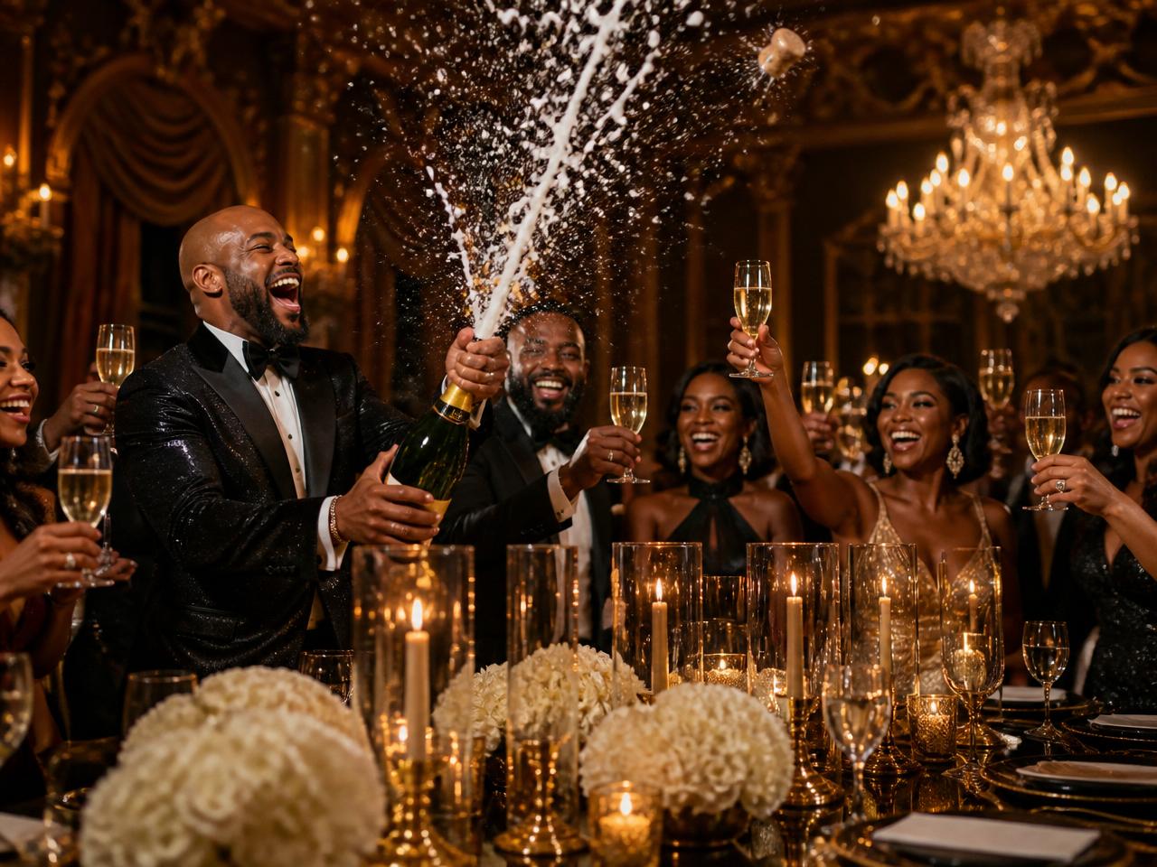Celebratory champagne bottle popping with spray of foam as guests raise their glasses in a toast