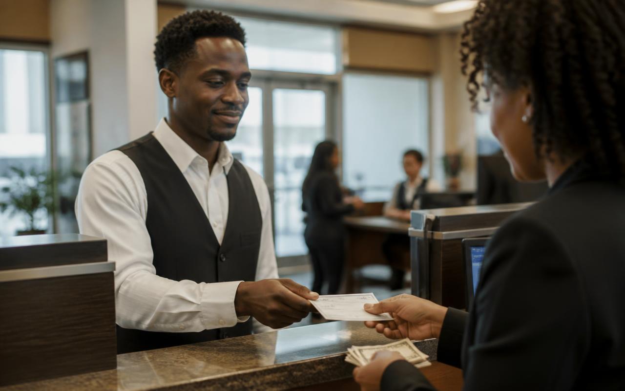 Hospitality worker in a white shirt and black vest cashing his paycheck at a bank teller counter