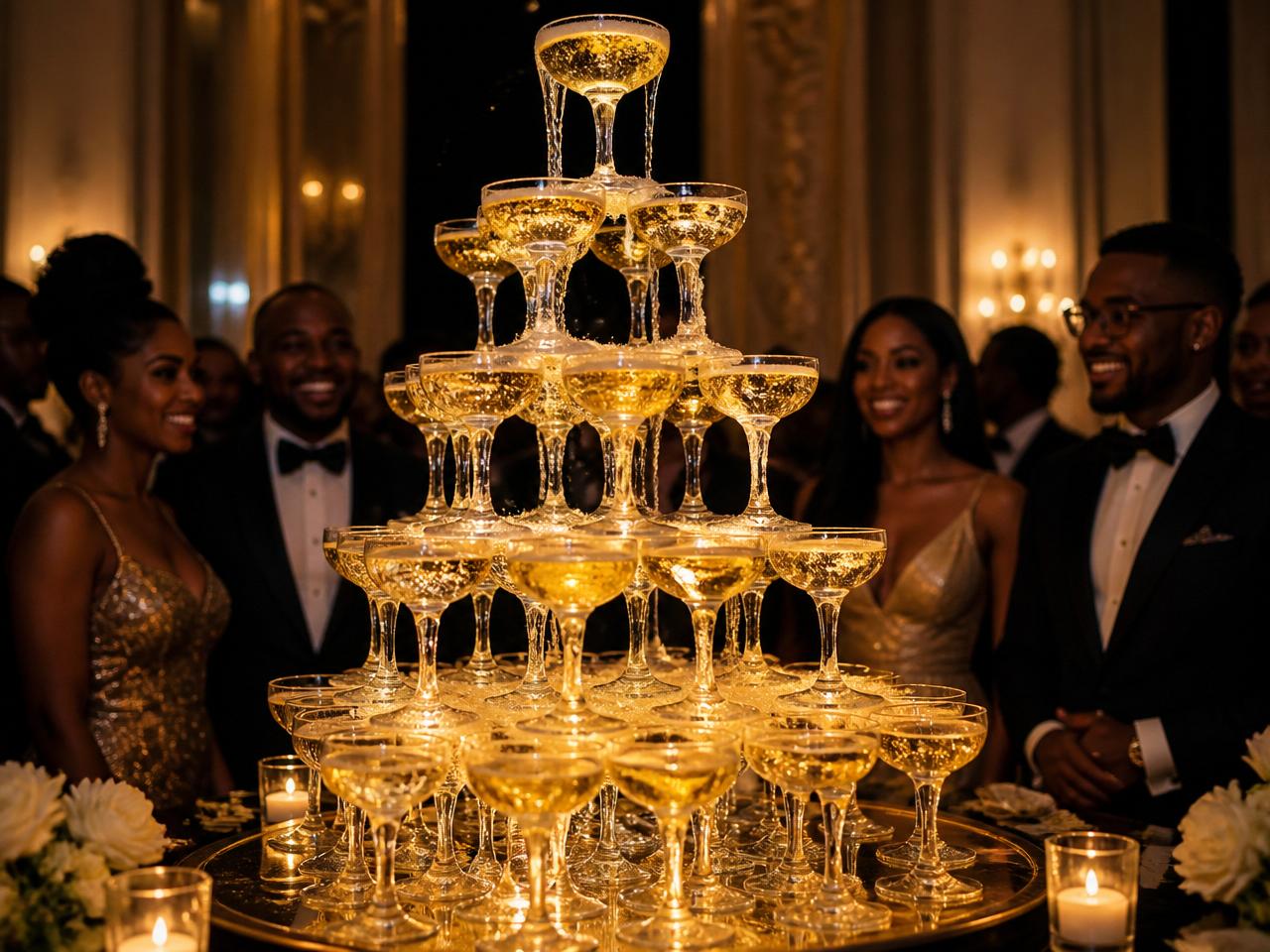 Golden champagne tower of stacked coupe glasses cascading as guests look on at a candlelit celebration