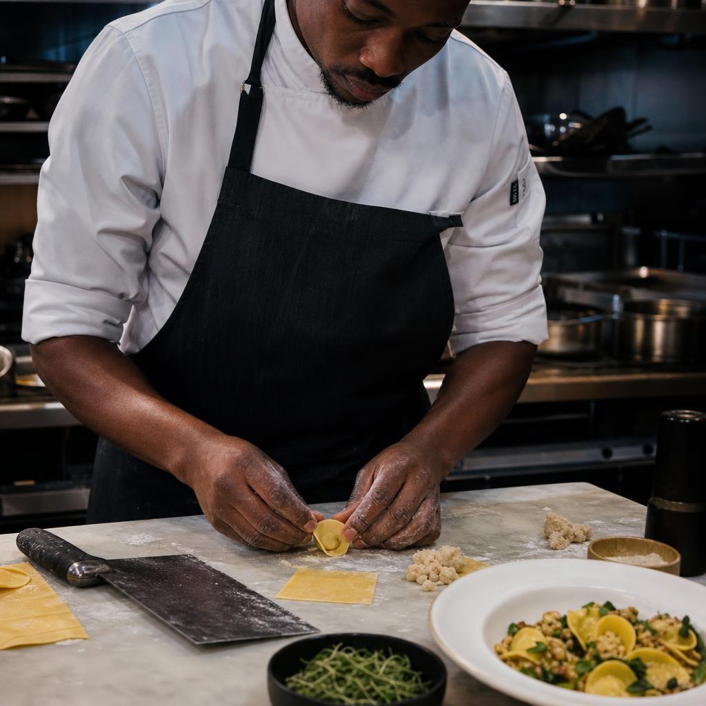 Chef shaping fresh pasta by hand on a marble counter with focused attention to detail
