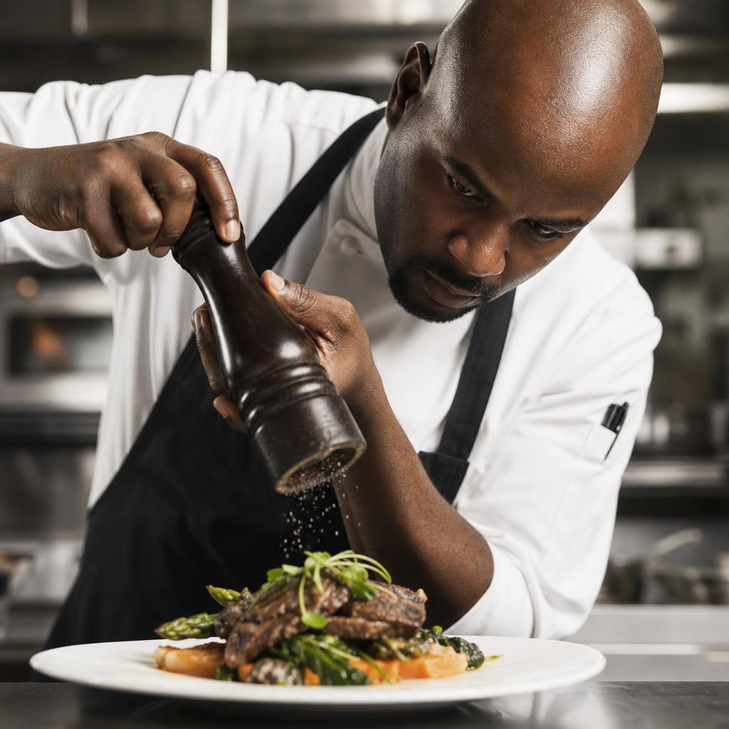 Chef grinding fresh pepper over an elegant plated entrée with concentrated precision