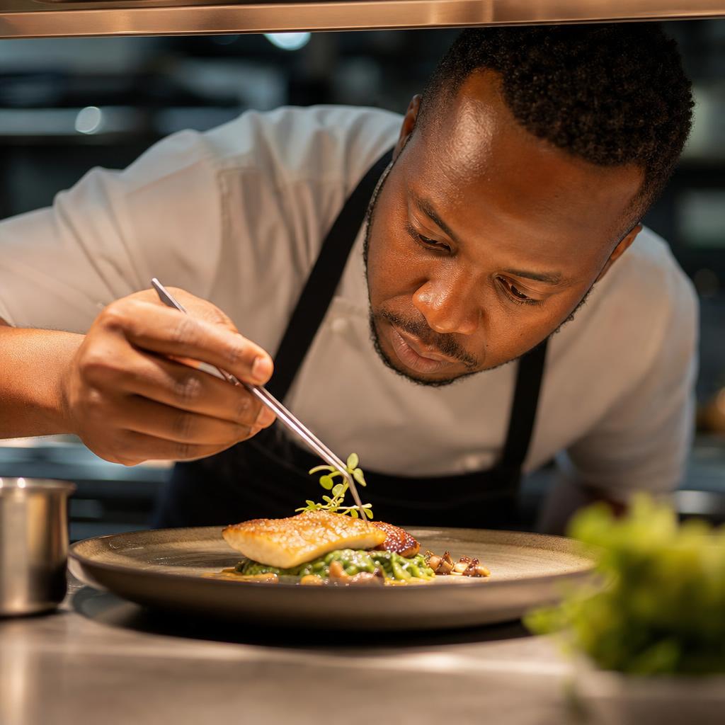 Chef using tweezers to place delicate garnishes on a gourmet dish with meticulous attention