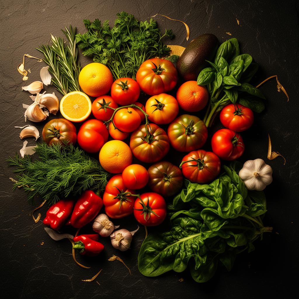 Vibrant fresh produce, herbs, citrus and heirloom tomatoes on slate