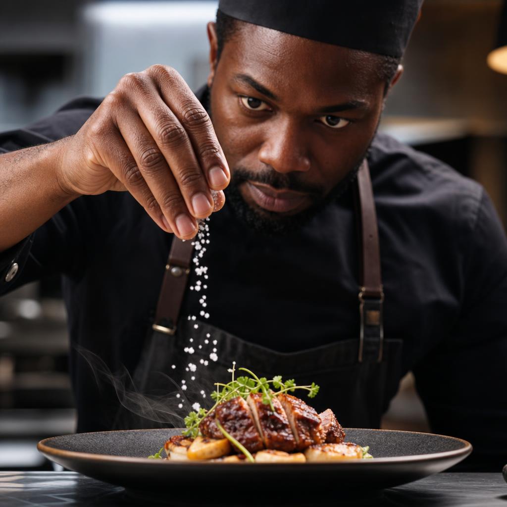 Chef sprinkling flaky sea salt over a hot plated entrée with eyes fixed on the finishing details