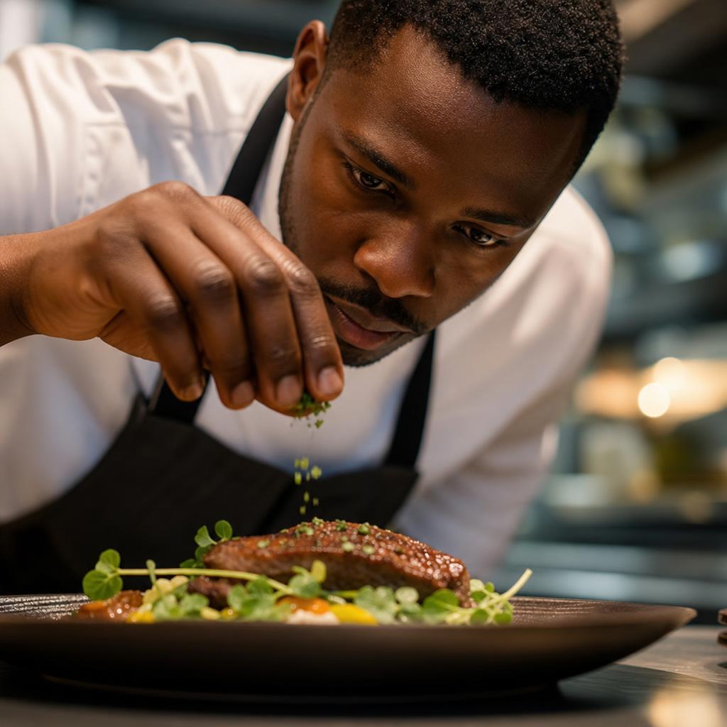 Chef carefully finishing a plated dish with herbs and spices while focusing intently on presentation