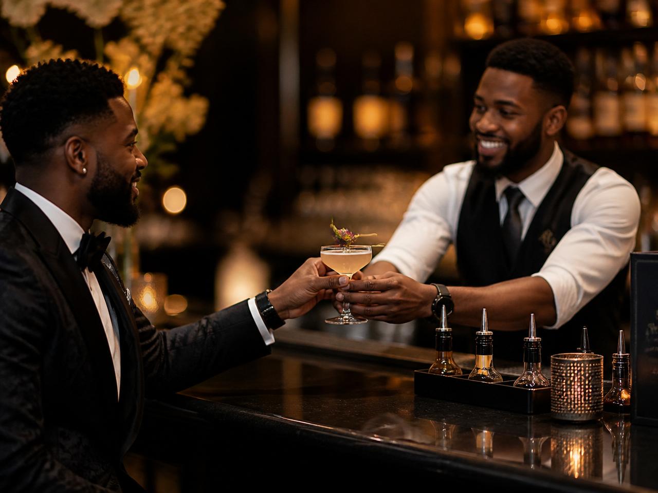 Guest receiving a garnished handcrafted cocktail across the bar counter from a smiling bartender