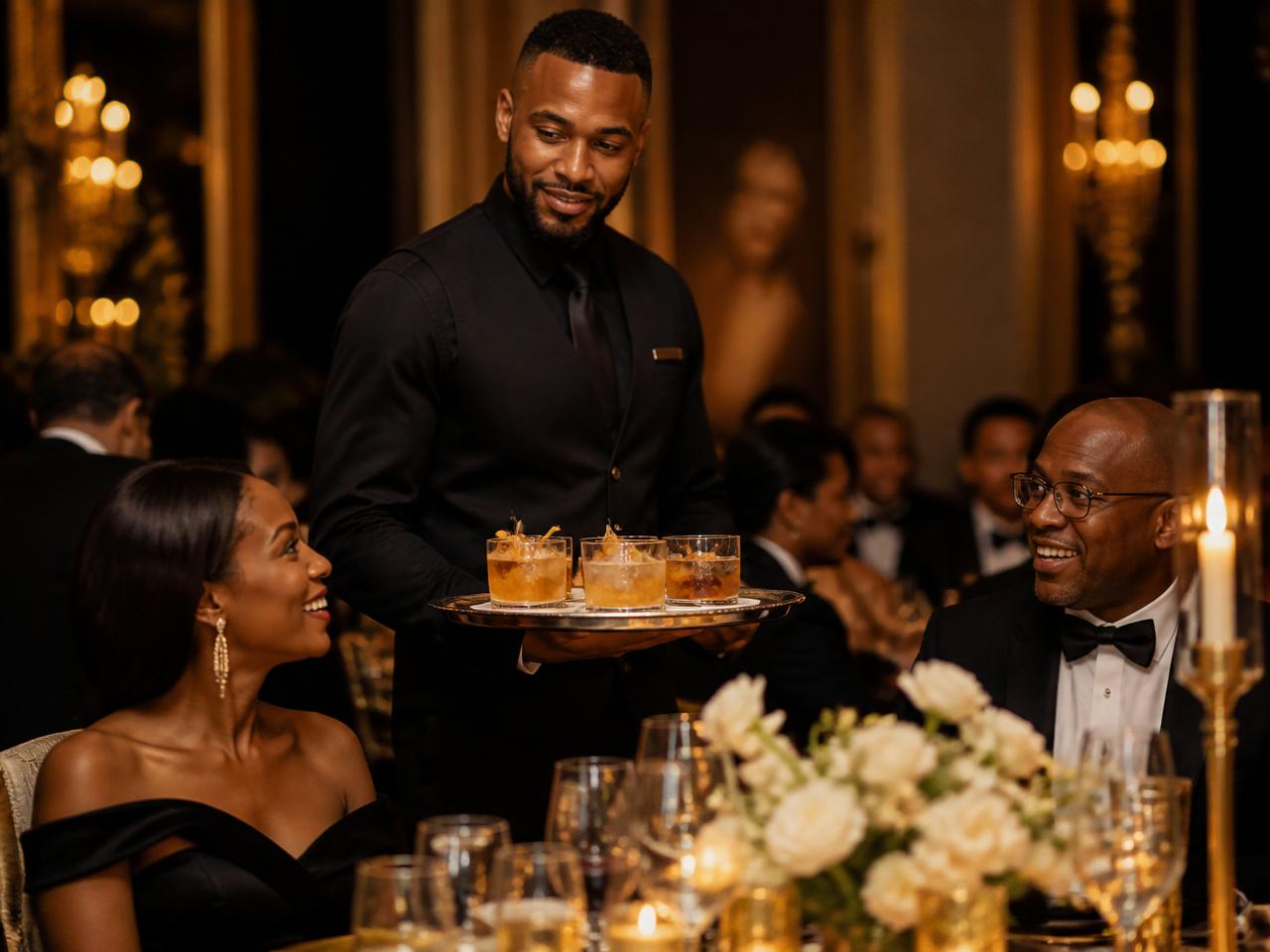 Server delivering a silver tray of handcrafted cocktails to guests at an elegant seated dinner table