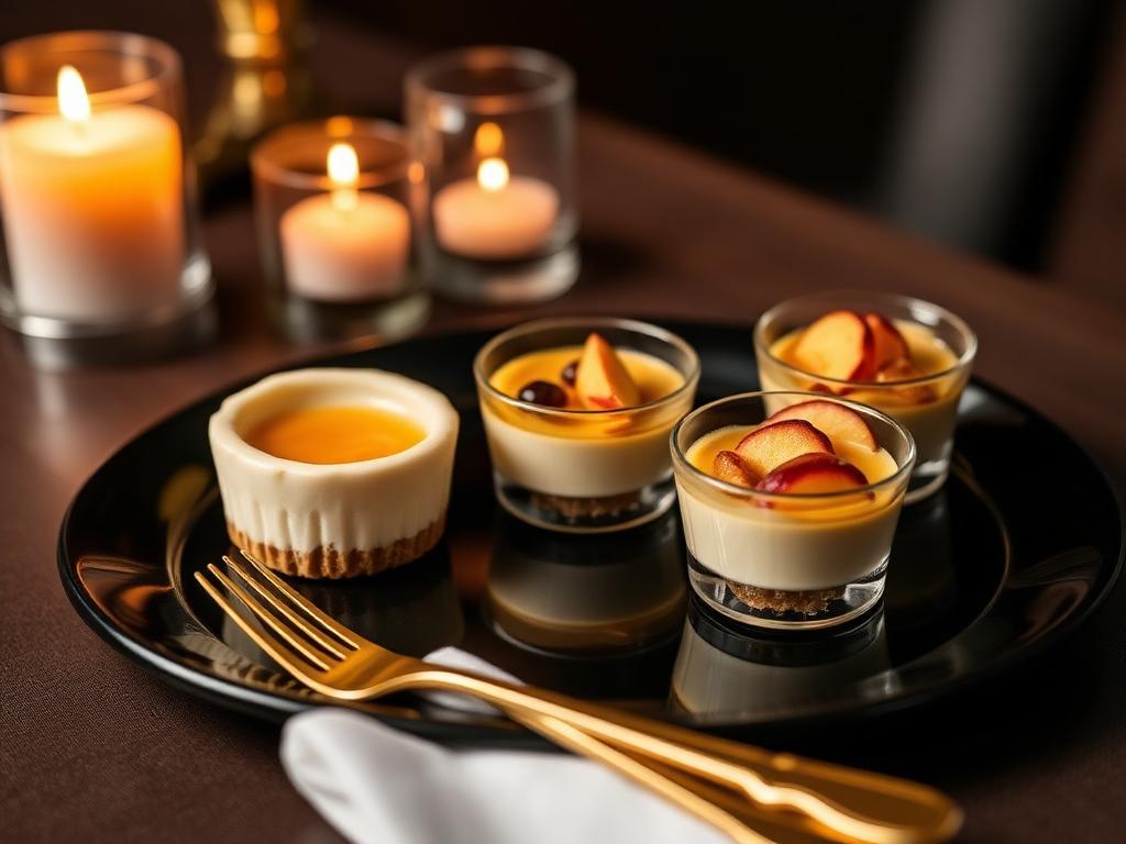 A styled duo of mini cheesecakes and cobbler cups