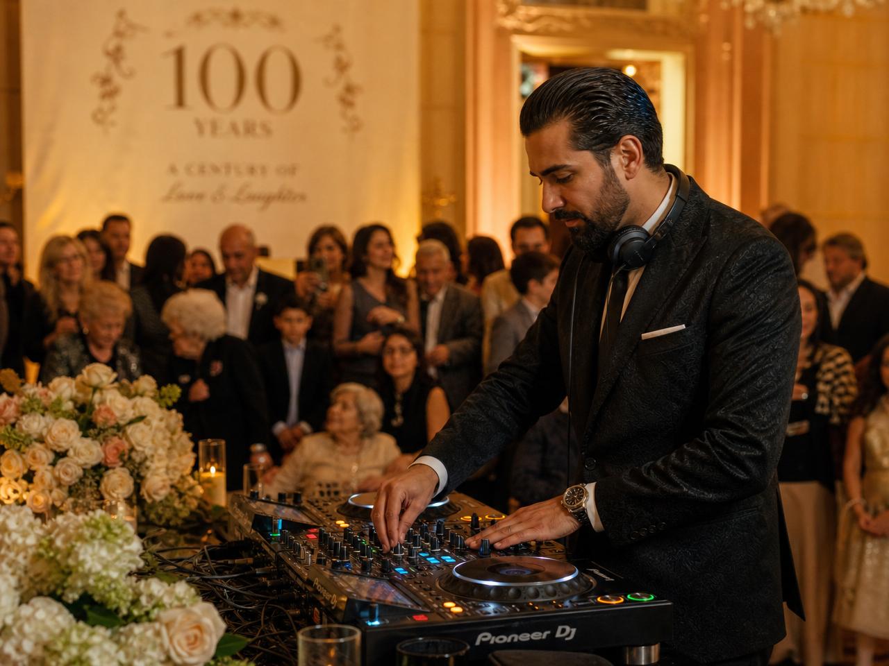 DJ honoring a 100th birthday celebration surrounded by family