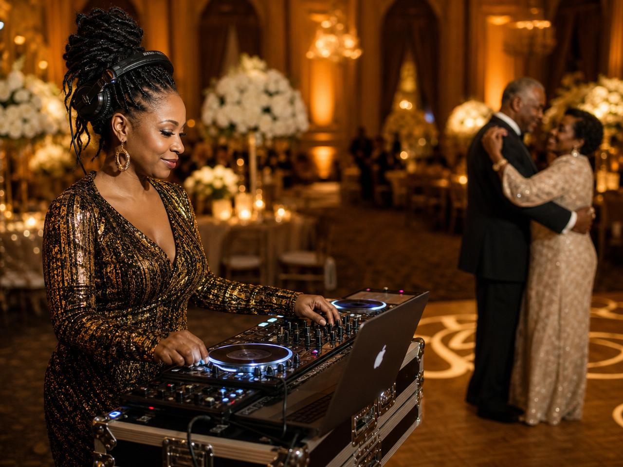 Woman DJ at a 50th wedding anniversary first dance