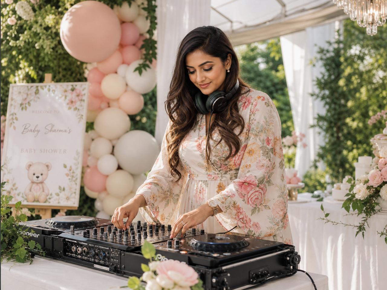 Woman DJ at an elegant garden baby shower