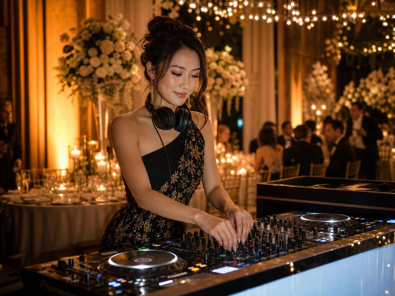 Woman DJ performing at a candlelit luxury wedding reception