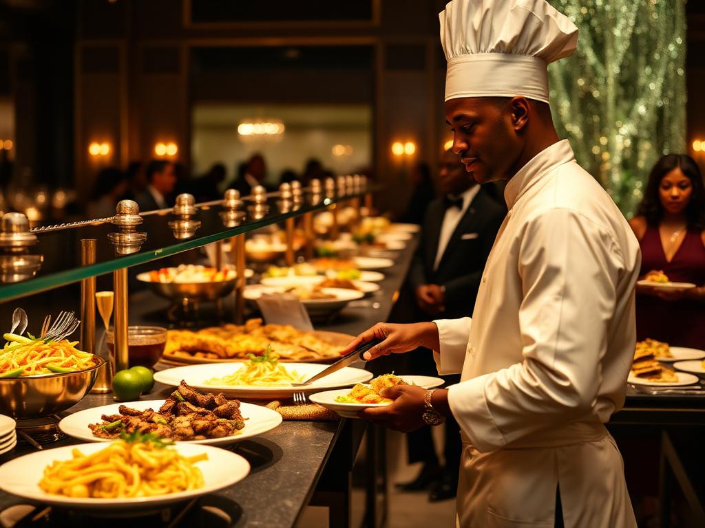 Chef serving guests at a live action buffet station