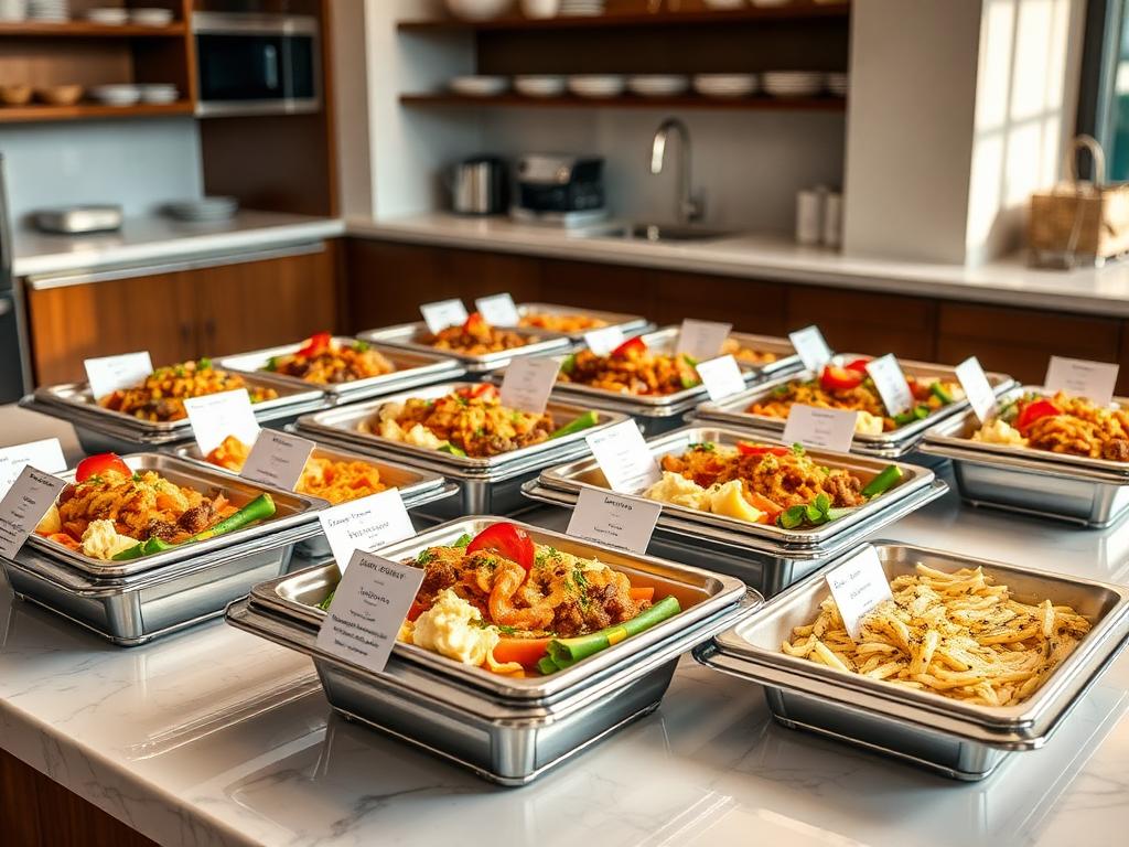 Catering trays neatly arranged and labeled ready for drop-off
