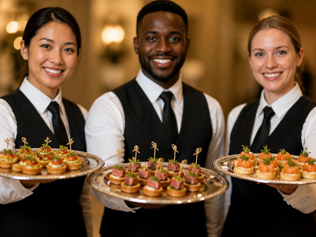 Server passing a tray of canapés at an upscale cocktail reception