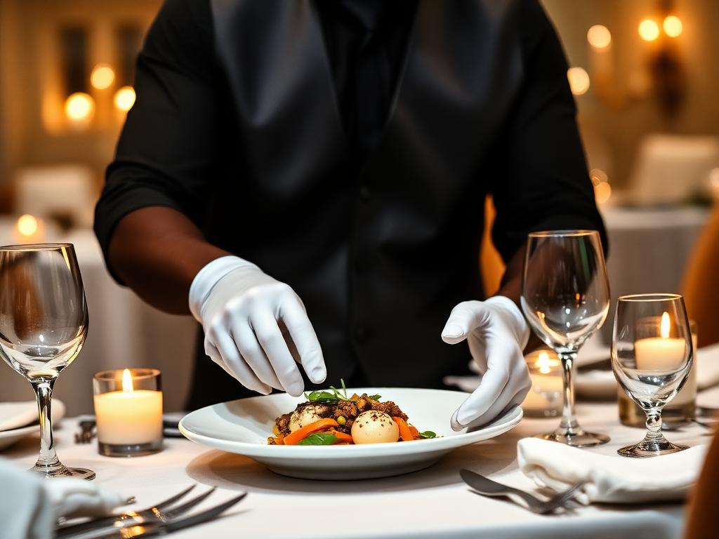 White-glove waiter presenting a plated entrée table-side at a formal dinner