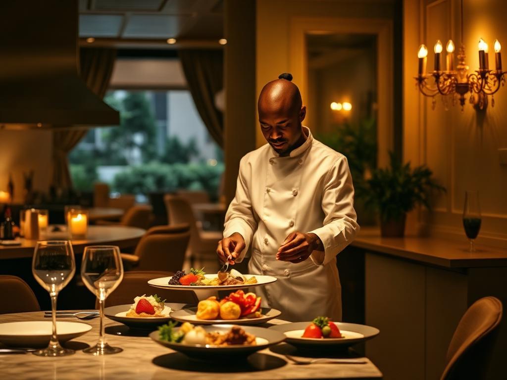 Private chef plating a multi-course tasting in an elegant home kitchen