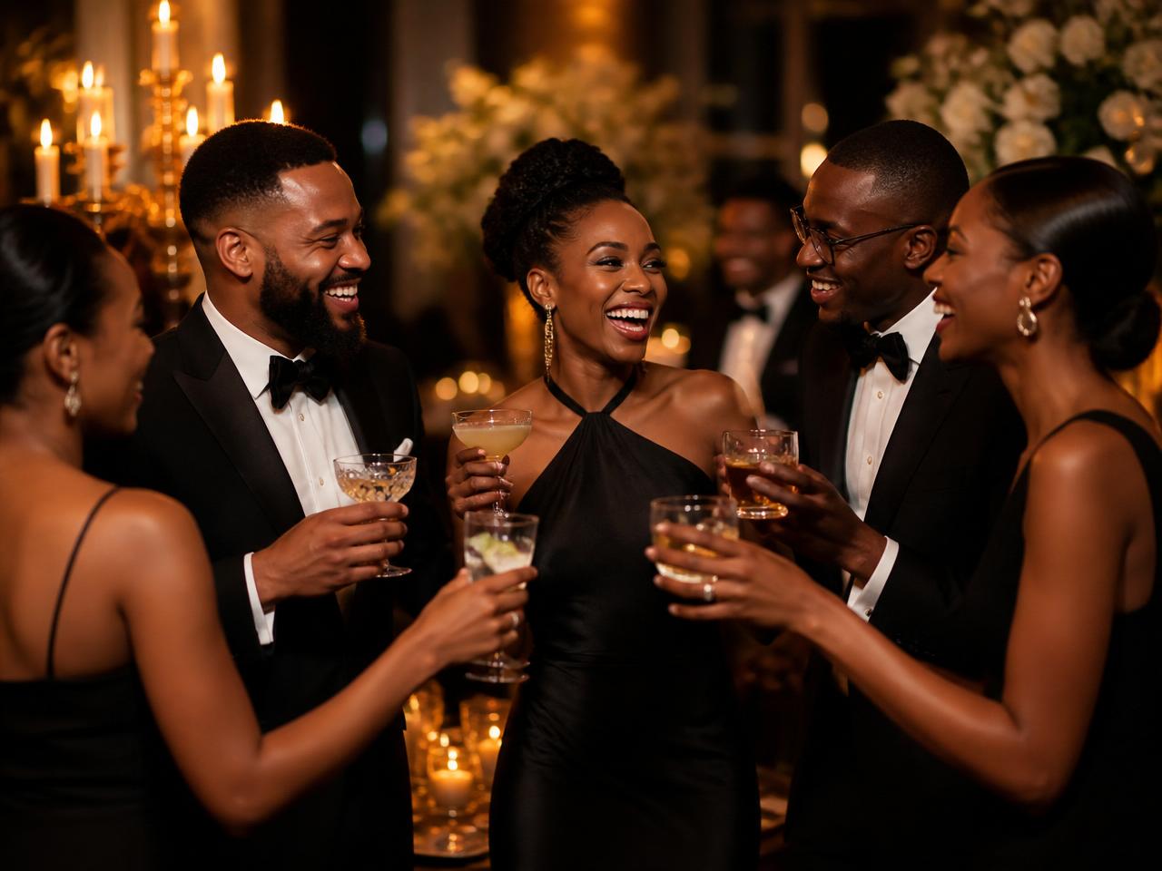Elegantly dressed guests laughing and clinking cocktail glasses together at a candlelit reception