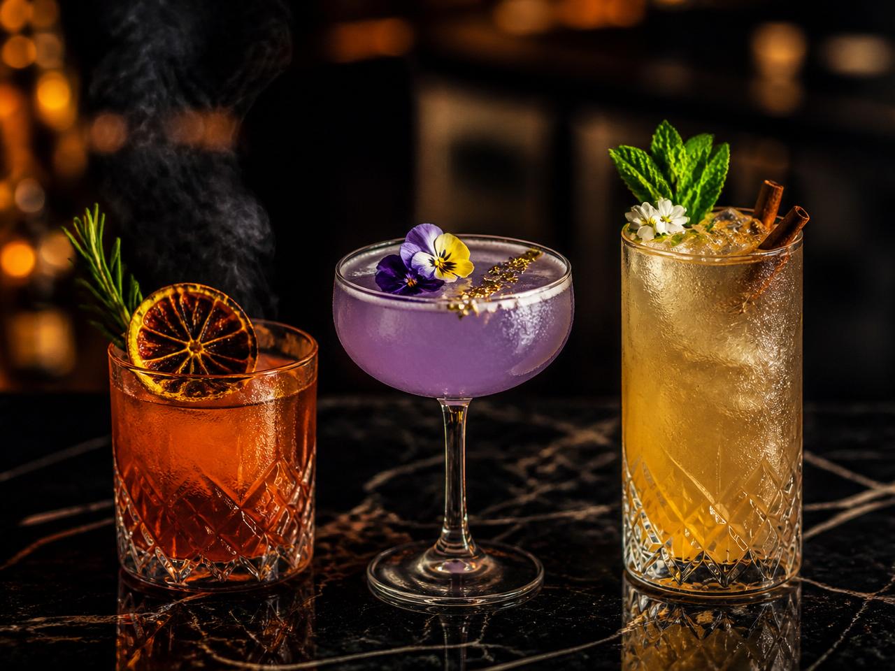 Three handcrafted signature cocktails with distinct garnishes arranged on a dark marble bar top