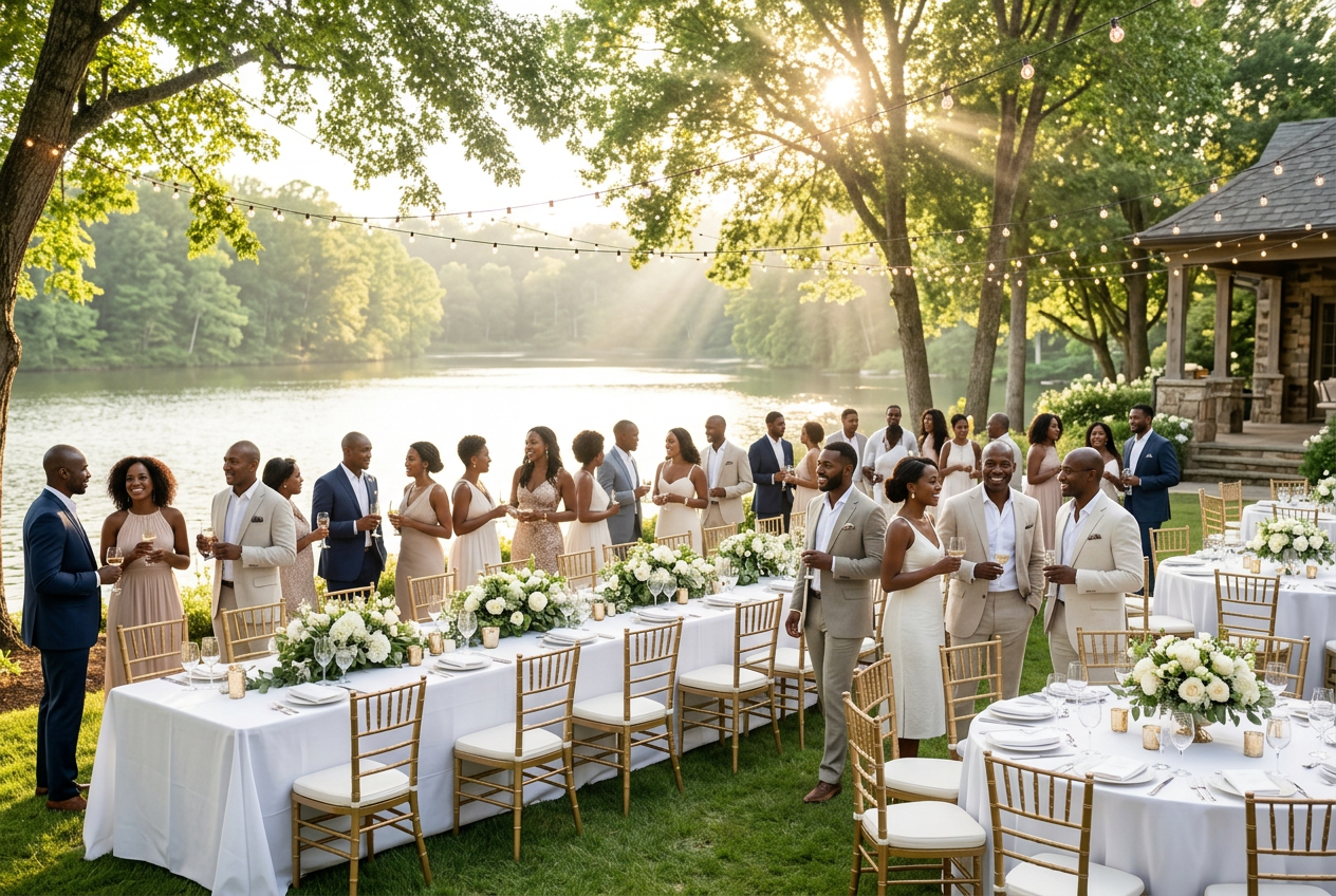Atmospheric luxury wedding reception with candlelight and elegant table settings