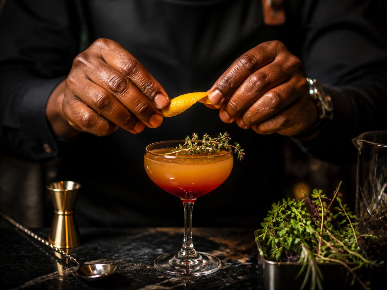 Close-up of a bartender's hands expressing a citrus twist and garnishing a layered handcrafted cocktail