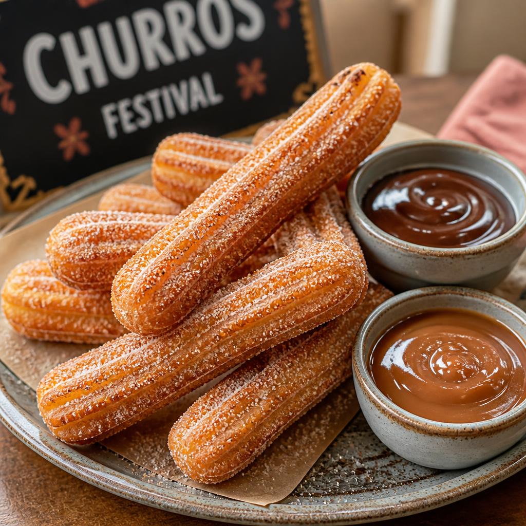 Golden cinnamon-sugar churros on a plate with chocolate and caramel dipping sauces