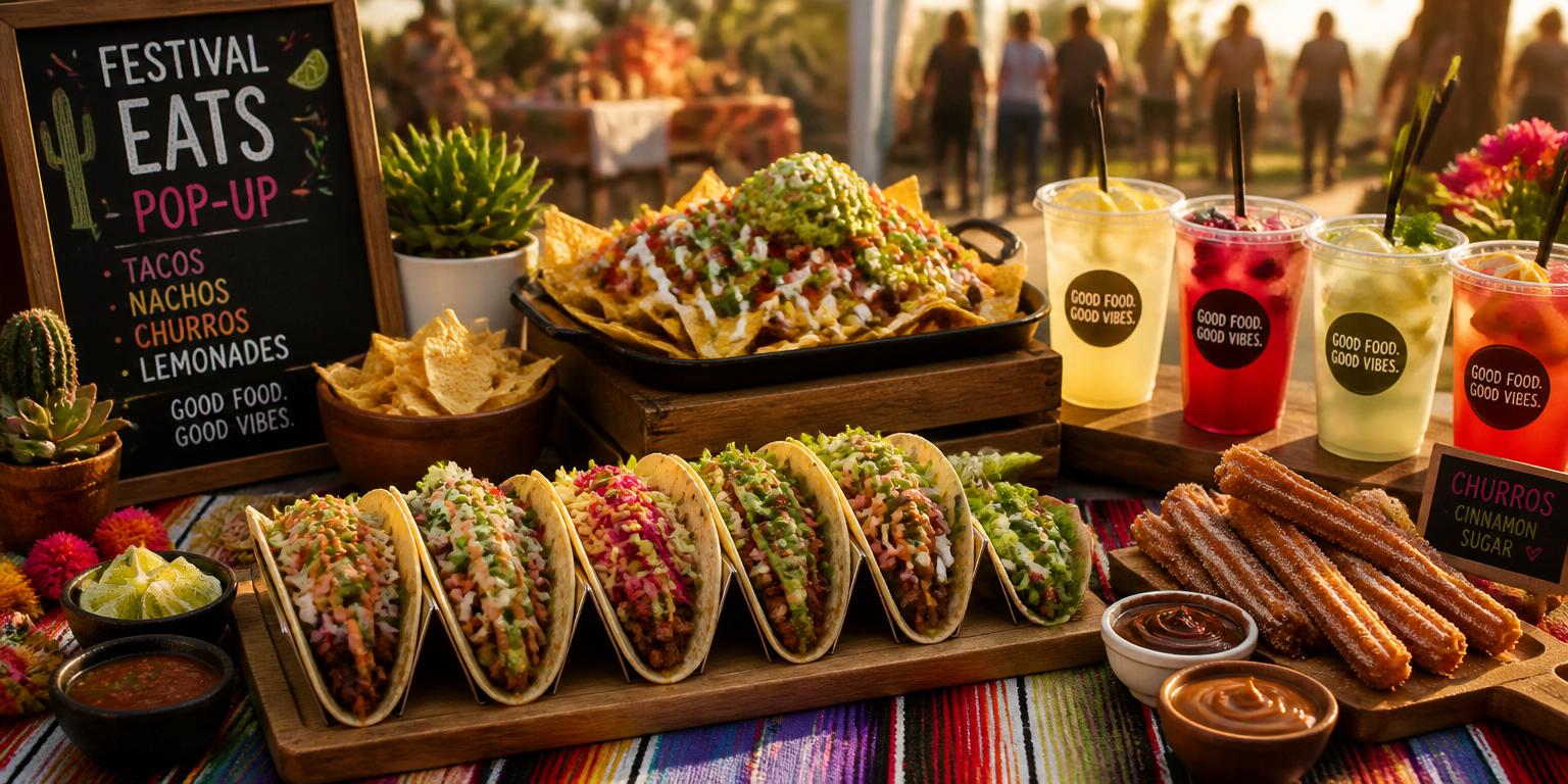 Festival food pop-up spread with tacos, loaded nachos, churros, and fresh lemonades at golden hour