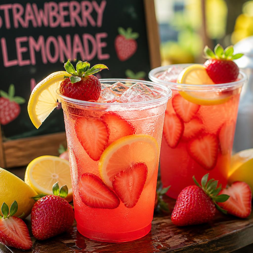 Two cups of fresh strawberry lemonade over ice, garnished with sliced strawberries and lemon