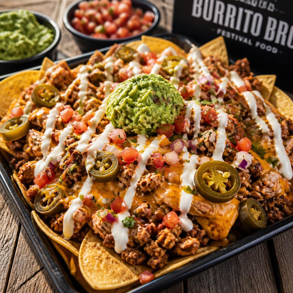 A tray of loaded nachos with seasoned meat, melted cheese, jalapeños, pico de gallo, guacamole, and sour cream
