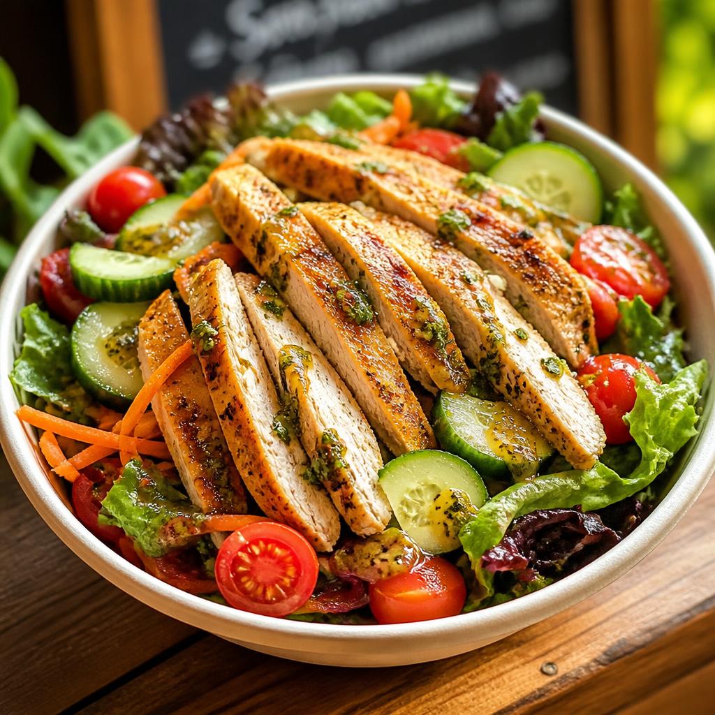 A fresh garden salad bowl with grilled chicken strips, mixed greens, cherry tomatoes, cucumber, and carrot