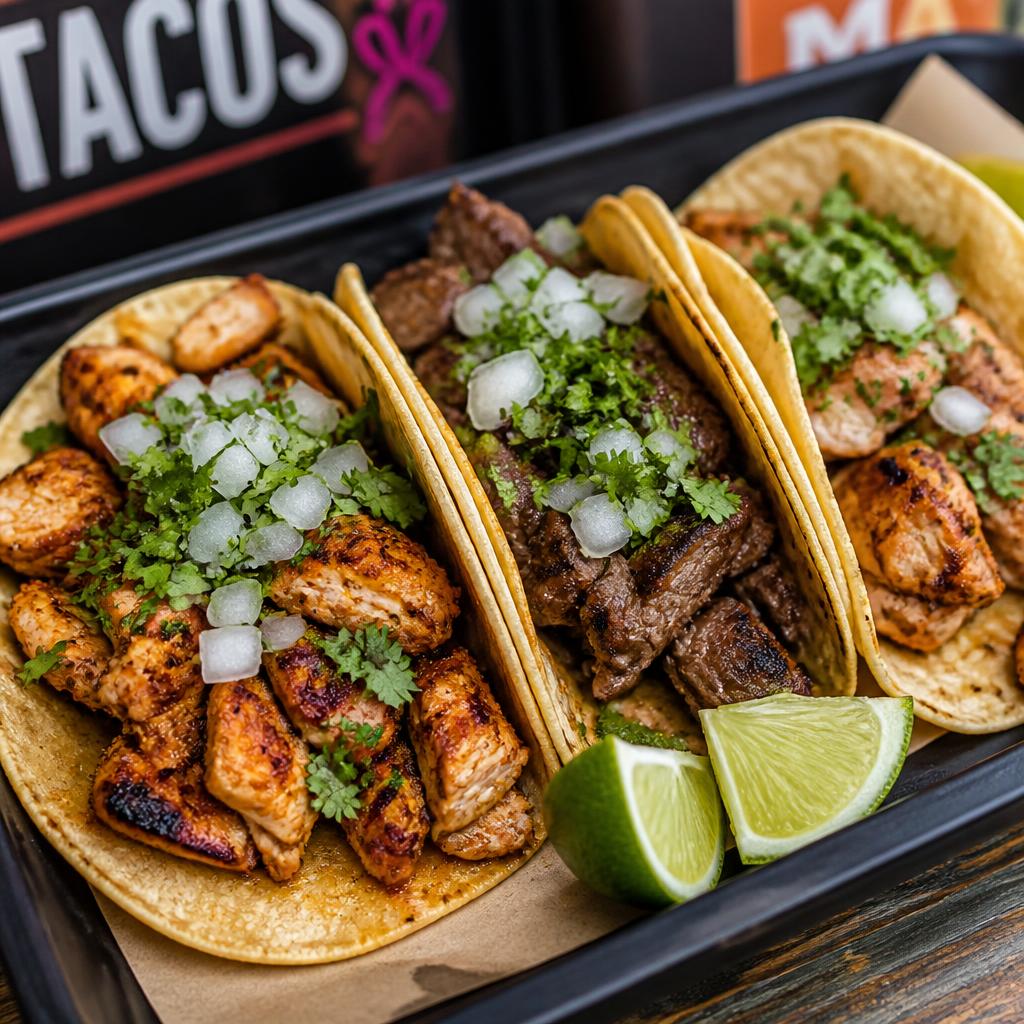 Three street-style tacos with grilled chicken and beef, cilantro, onion, and lime wedges on a black tray