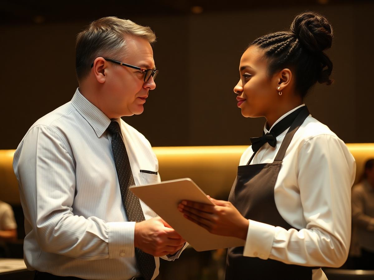 A supervisor giving one-on-one coaching feedback to a server before service