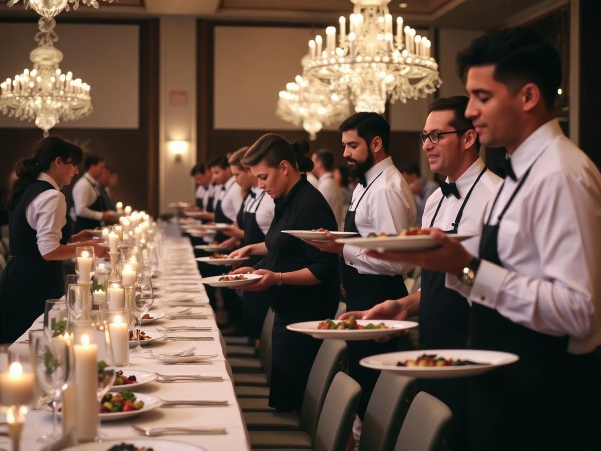 Banquet servers delivering plated dinners during a live event