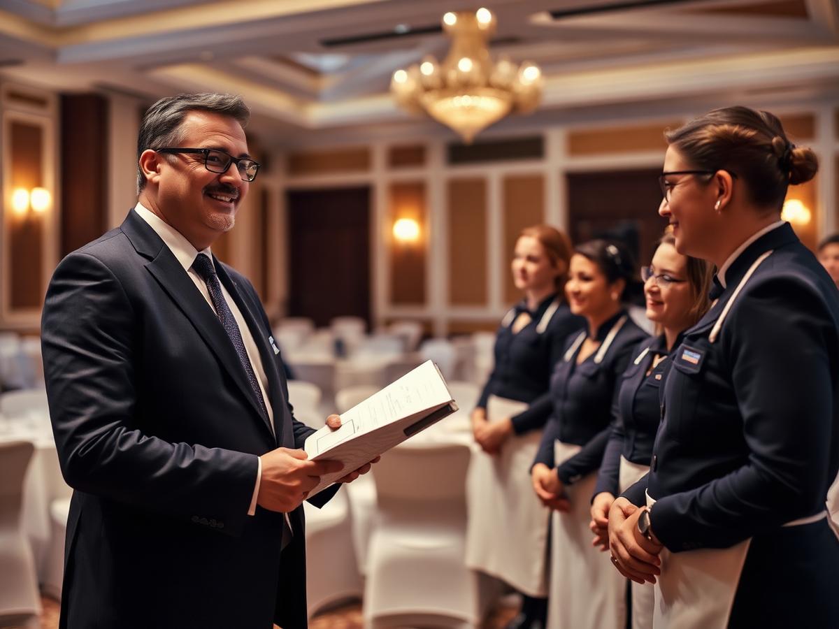 An event captain leading a pre-service team briefing in a ballroom