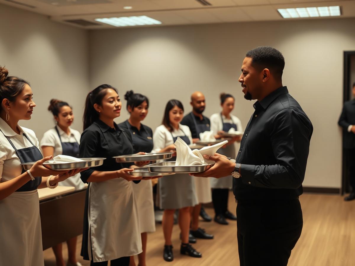 Hospitality trainees practicing tray service with an instructor