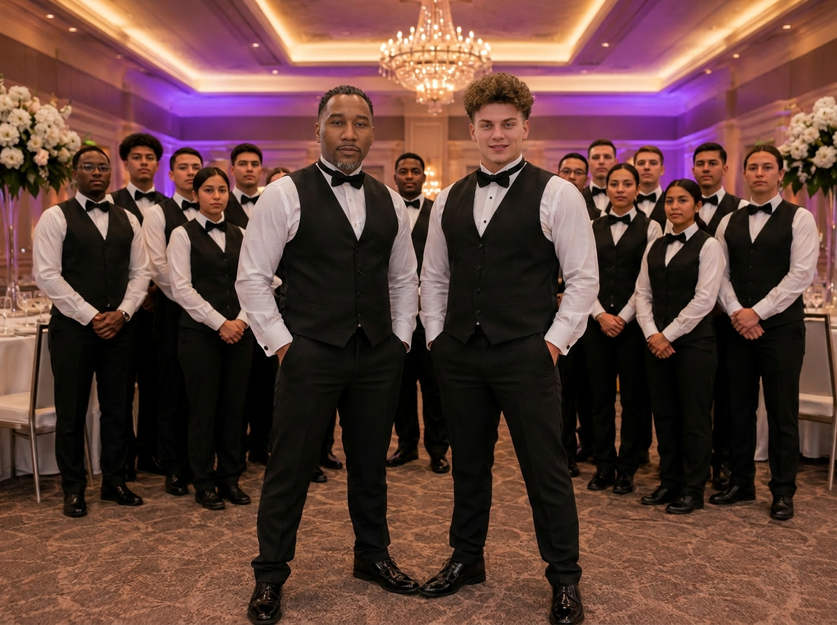 Lead servers and the True Growth Celebrations front-of-house team standing in synchronized formation inside a chandeliered ballroom before service begins