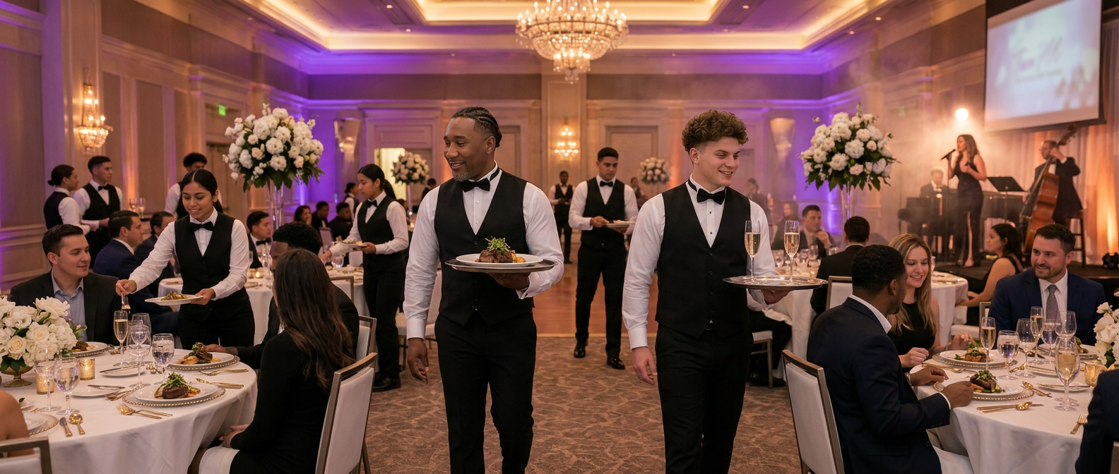 True Growth Celebrations front-of-house team in synchronized service during a seated dinner with a live concert performance on stage