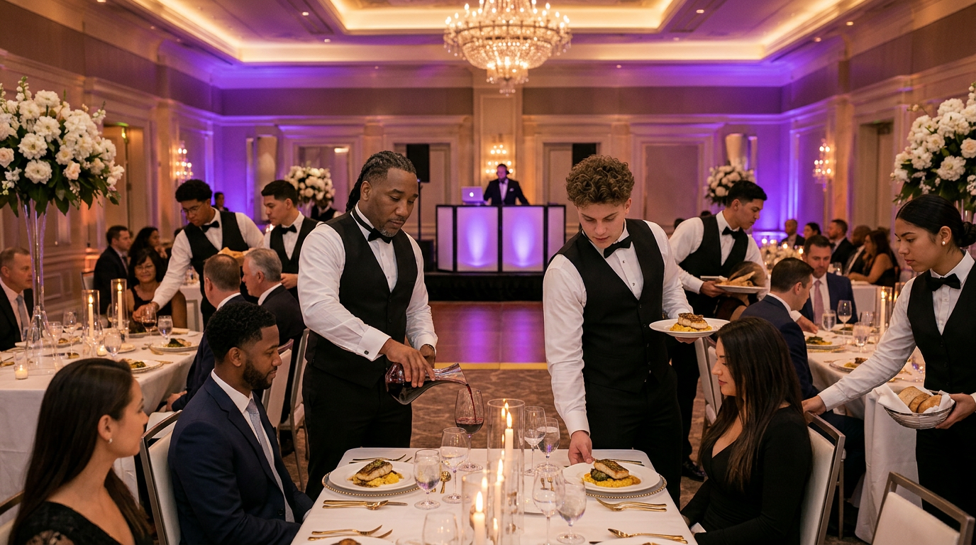 True Growth Celebrations team plating courses and pouring wine at a seated dinner with a live DJ performing in the background
